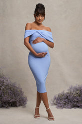 Powder Blue Bardot Bow Maternity Midi Dress with Ruching